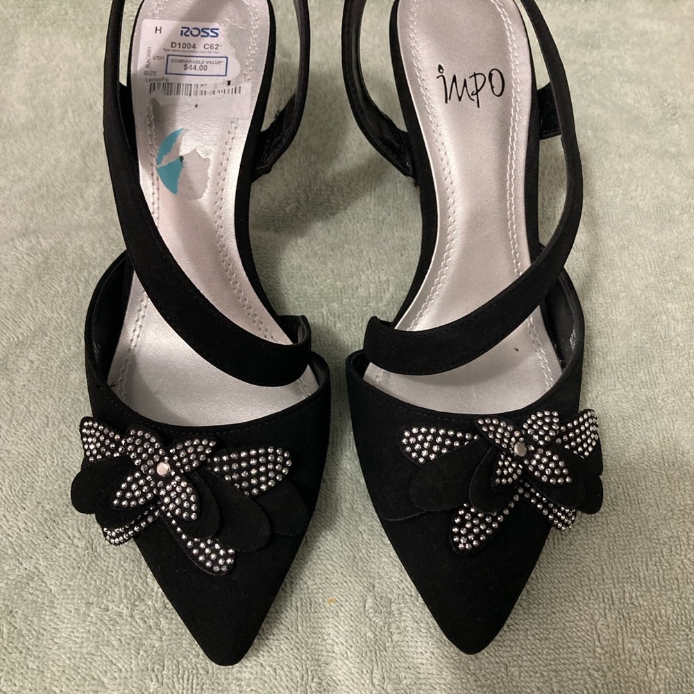 Impo Black Heels with Rhinestone Bow